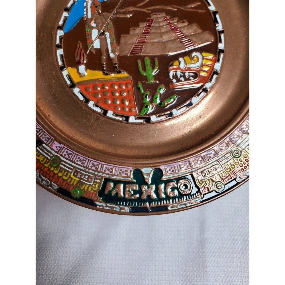 Vtg Mexico Copper Enamel Souvenir Wall Plaque Mayan Aztec Pyramid Hand Painted